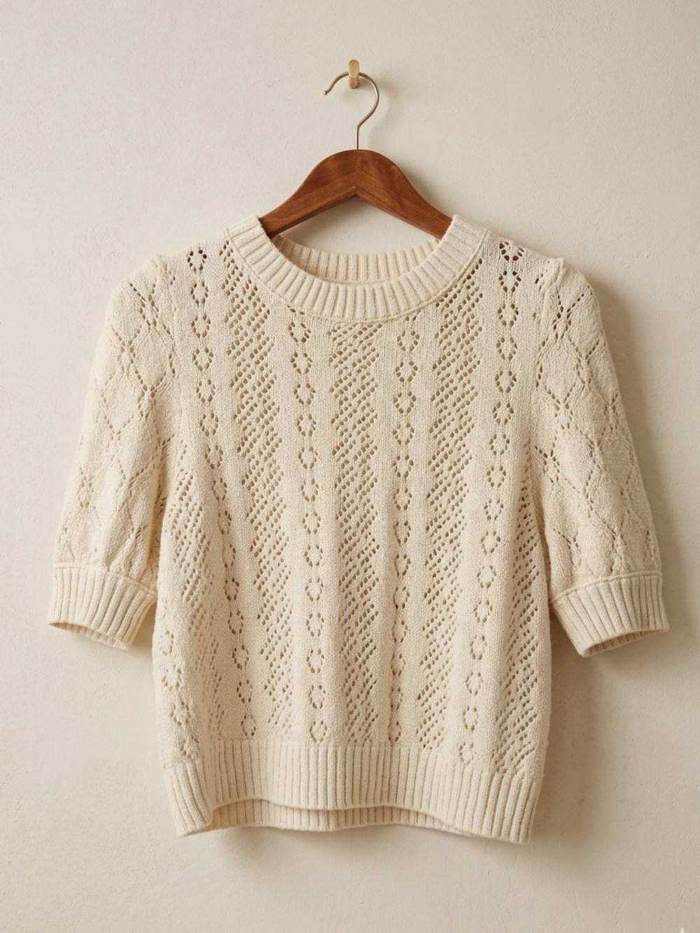 Free People Eloise Ivory Pointelle Knit Puff Sleeve Sweater Cream Crochet Top M